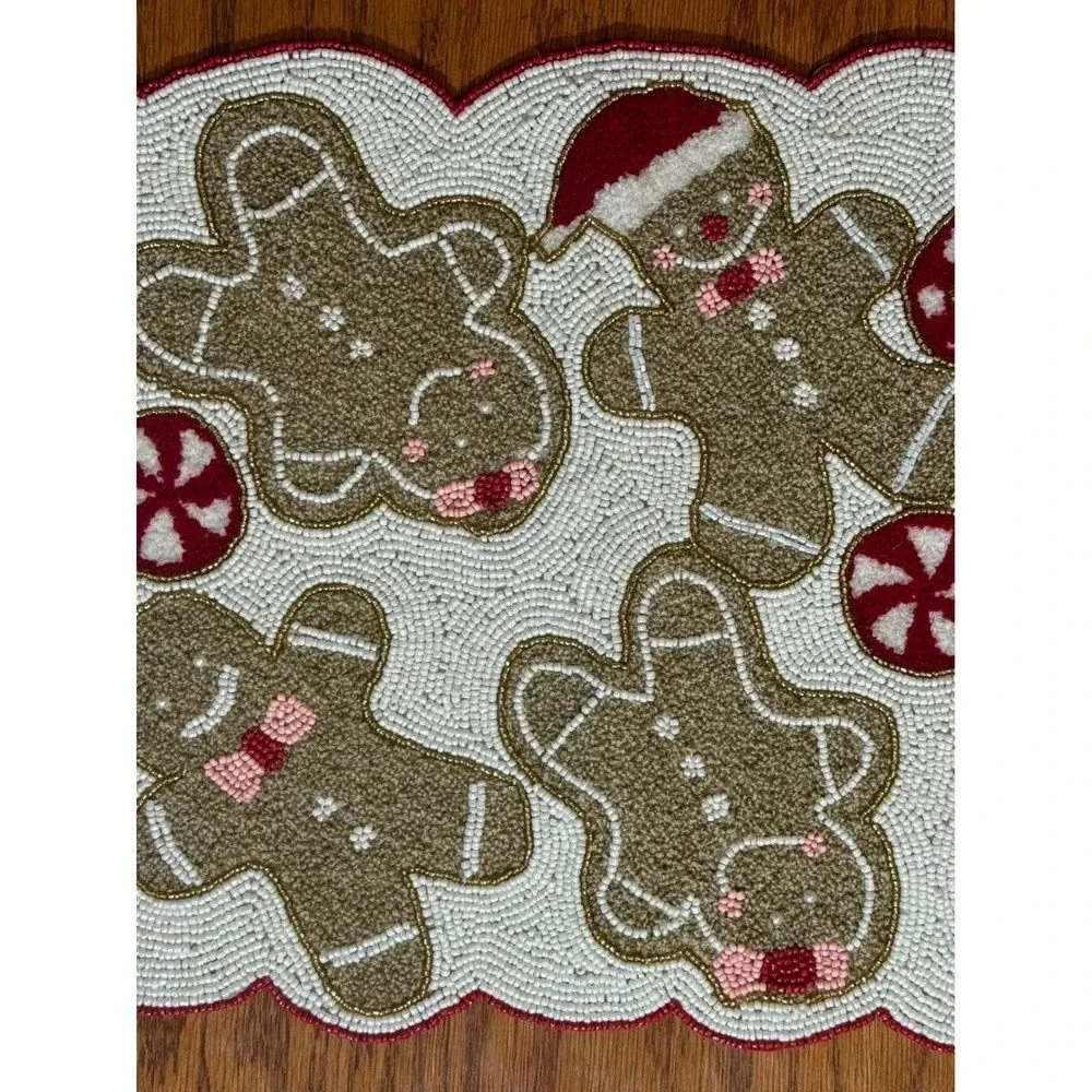 Kirkland's Home Christmas Gingerbread Beaded Table Runner Bows Candy Canes